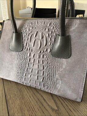 Gray Croc-Embossed Suede Top-Handle Satchel